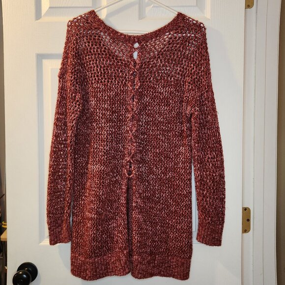 Lucky Brand Open Crochet Knit Maroon Sweater Women's Size Medium Tunic Split Bac - Picture 3 of 9
